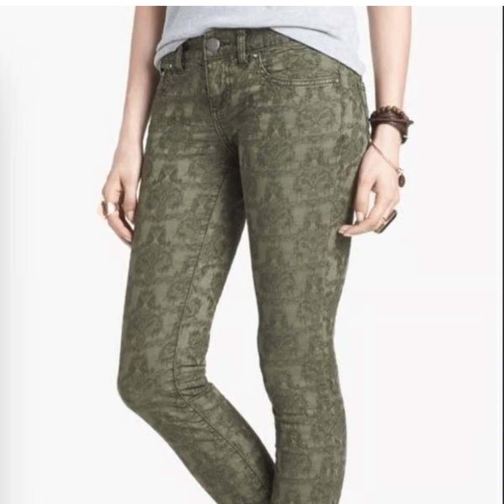 Free People‎ Skinny Boho Tan/Olive Jacquard Floral Mid-Rise Skinny Pants Sz 27